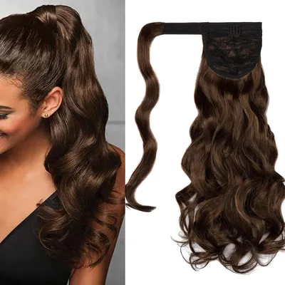 Produktbild von Clip in Ponytail Extensions Pferdeschwanz Haarverlängerung Gewellt Lockig 50 cm Mittelbraun/Hellbraun