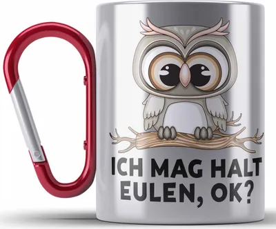 Produktbild von Trendation - Eulen Fans Edelstahl Tasse Karabiner Geschenk Eulenliebhaber Geschenkidee Ich Mag Halt Eulen Ok (Rot)