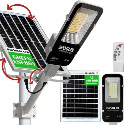 A solar-powered LED street lamp with its components and a remote control, presented in a collage-like format with promotional text.