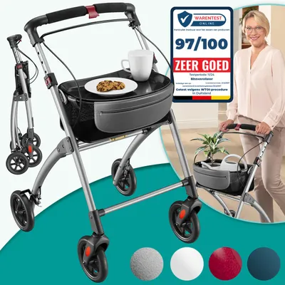 Productafbeelding van ELONEO Woonrolstoel, 54 cm breed, opvouwbaar en lichtgewicht, inclusief dienblad en stoffen mand. Smalle rolstoel voor binnenshuis, inklapbaar, zilverkleurig
