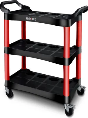 A three-tiered rolling cart with red support poles and black shelves.