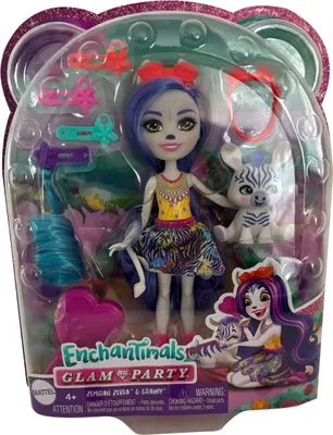 Obrázok produktu pre Enchantimals Glam Party Zermirah Zebra s dlhými vlasmi a zrnitou, farebnou sukňou s topánkami, 6 doplnkov na hranie s vlasmi