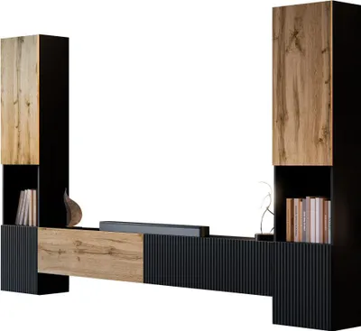 Produktbild von MIRJAN24 Wohnwand Capital III, Große Anbauwand, Wohnzimmer-Set (Farbe: Schwarz / Schwarz + Wotan Eiche)