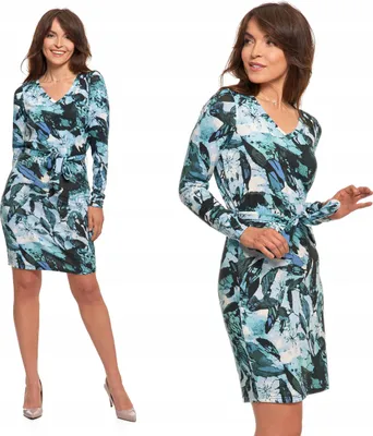 Produktbild von Kleid - Damenkleid Größe 3XL - Kleid langarm blau - Kleid mit Gürtel - Kleid knielang