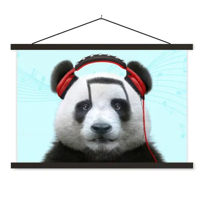 Produktbild von MuchoWow® Textilposter Panda - Kopfhörer - Tier - Musiknoten - Rot 90x60 cm mit schwarzem Rahmen - Aufhängungssatz