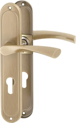 A pair of bronze-colored door handles with escutcheons, presented against a white background.