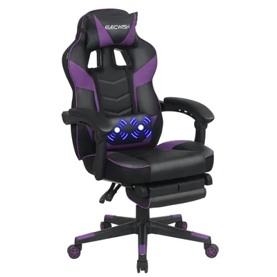 Image de Fauteuil gaming Puluomis avec fonction massage et repose-pieds, charge maximale 150 kg, fauteuil de bureau ergonomique, fauteuil de direction, fauteuil de bureau, fauteuil de course, fauteuil d'ordinateur, violet