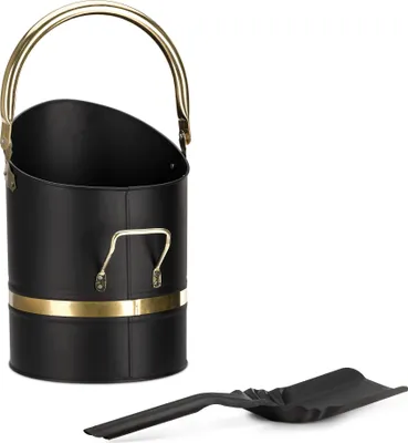 Produktbild von Navaris Ascheeimer für Kaminofen mit Schaufel - Metalleimer Ofen Zubehör - Aschebehälter Eimer Pelletbehälter - hitzebeständig - schwarz gold