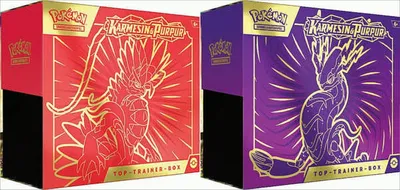 Two Pokemon Top-Trainer Boxes, one red and one purple, are displayed side-by-side against a white background.