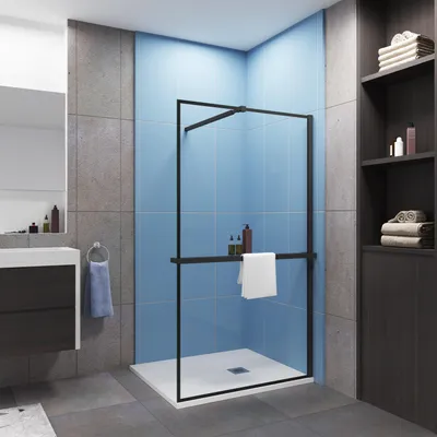 A modern bathroom with a walk-in shower.