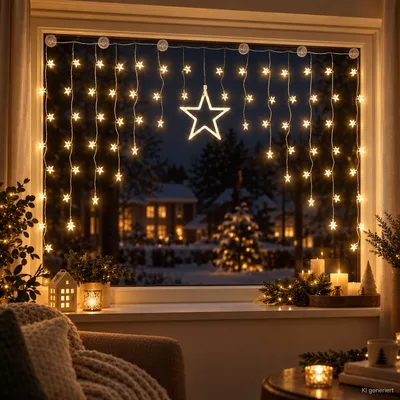 Beleuchtete Weihnacht Lichterkette Fensterdeko Sternenvorhang 90 LED warm weiß