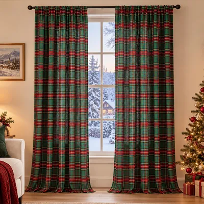 Produktbild von 2er Set Vorhänge Weihnachten Tartan Gardinen mit Multifunktionsband Weihnachtsvorhänge Dekoschal für Wohnzimmer Schlafzimmer, Grün, B132xH244cm