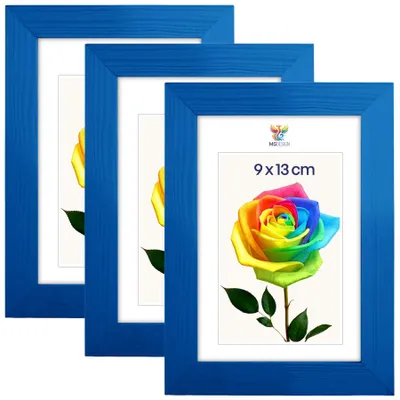 Produktbild von MG Design 3er Set Bilderrahmen 9 x 13 cm - Fotorahmen mit Blau Echtholzrahmen und bruchsicherem Acrylglas, Hoch & Quer zum Aufhängen, zum Aufstellen