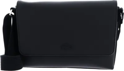 A black messenger bag with a Lacoste logo.