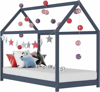 Productafbeelding van Kinderbedframe, grijs, massief grenenhout, 70 x 140 cm, huisbed, decoratief bed, kinderbed, huisbed, kinderbed, vloerbed