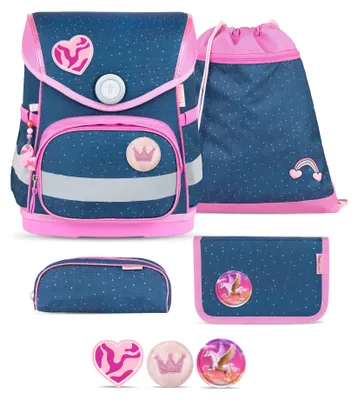 Produktbild von Belmil Compact ergonomisches Schulranzen-Set 5-teilig "Starry Princess" mit Brustgurt, Magnetverschluss, Patch Set 3 Stck