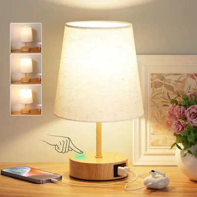 Produktbild von 1 Stück Nachttischlampe Touch Dimmbar mit USB A+C Ladefunktion, Tischlampe mit Leinenschirm LED Birne Schlafzimmer Büro