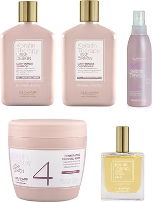 Zdjęcie produktu dla Alfaparf Keratin Therapy Lisse Design Szampon pielęgnacyjny 250ml + Odżywka 250ml + Keratin Refill Milk 100ml + Maska nawilżająca 200ml + Olejek 50ml