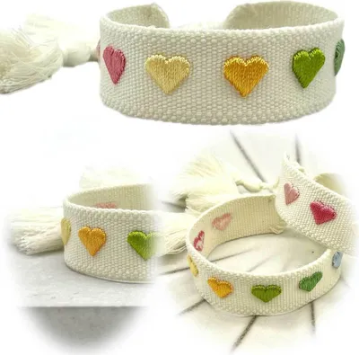 Produktbild von LS-LebenStil Canvas Statement Armband Herzen Multi Colour besticktes Stoffarmband gewebt textiles Quasten Spruch Boho Geschenk Freundschaftsarmband
