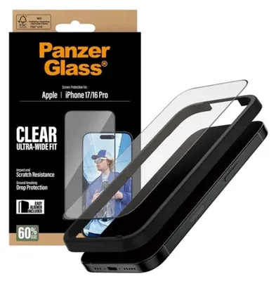 Obrázok produktu pre PanzerGlass ® Screen Protector iPhone 17 | iPhone 16 Pro | Ultra-Wide Fit w. EasyAligner, Apple, Apple - iPhone 17, Apple - iPhone 16 Pro, Suché aplikovanie, Odolné proti poškriabaniu, Odolný proti nárazom, Priehľadná, 1 kusov
