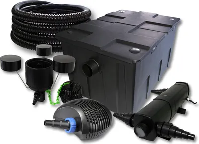 Produktbild von Kompletny zestaw SunSun: filtr do oczka wodnego CBF-550 o pojemności do 60000 l, pompa do oczka wodnego CTF-6000 o wydajności 6000 l/h i mocy 40 W, odstojnik do oczka wodnego CUV-236 o mocy 36 W, wąż do oczka wodnego 25 m o średnicy 25 mm, skimmer CSP-250 o wydajności 2500 l/h i mocy 45 W