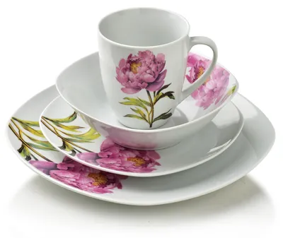 Zdjęcie produktu dla Lea Peony Komplet Obiadowy 16Cz. Kubek 370Ml/Miska 500Ml 17/19,5/25,5Cm
