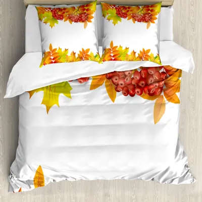 Produktbild von ABAKUHAUS Eberesche Bettbezug, Herbst Zweige Border, Milbensicher Allergiker geeignet mit Kissenbezügen, 155 cm x 220 cm - 80 x 80 cm, Gelb Orange Lime Green