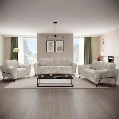 Produktbild von Polsterset VOLARE - Moderner Sitzgarnitur - Sessel + Sofa 2-Sitzer & 3-Sitzer - Chenille Vega in Creme, dekorative schwarze Metallbeine
