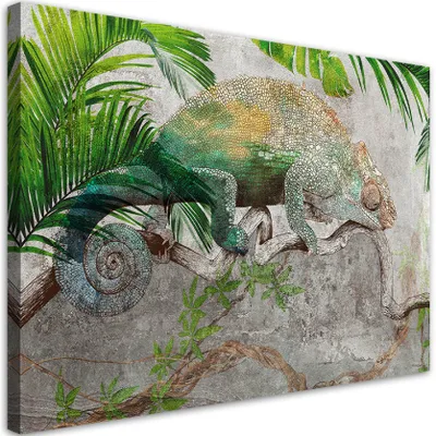 Produktbild von Leinwandbild Chamäleon auf einem Astdschungel 90x60 Feeby Grün bild für die wand bereit zum aufhängen