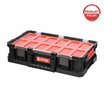 A black and red tool organizer box with multiple compartments.