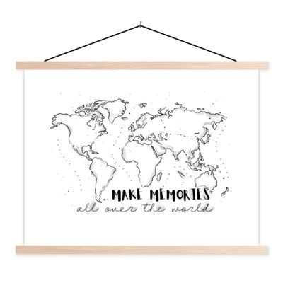 Produktbild von MuchoWow® Textilposter Weltkarte - Sprichwörter - Schwarz - Weiß 120x90 cm mit holzfarbenen Rahmen - Magnetisch