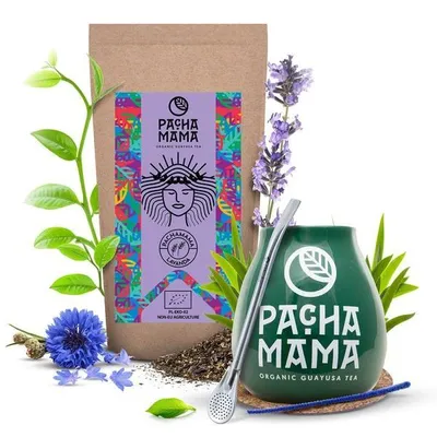 Produktbild von Pachamama - Guayusa Tee Set Lavanda 100g - Grüner Keramik Becher 350ml - Hoher Koffeingehalt - 100% Blätter Luftgetrocknet - Bombilla