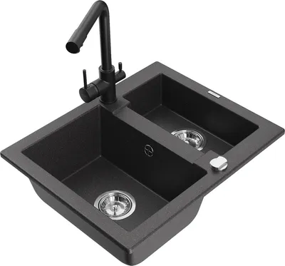 Produktbild von Mexen Carlos 1,5-Becken-Granitspüle mit Mischbatterie Duero, Schwarz gesprenkelt - 6518-76-671600-70