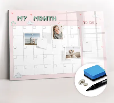 Produktbild von Magnetpinnwand Memoboard - Zubehörsatz - Schwarzer Marker + Schwamm + Magnete - 90 x 60 cm - Monatsplaner für Kinder
