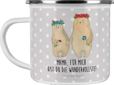 Produktbild von Mr. & Mrs. Panda becher emaille Bären mit Blumenkranz - Grau Pastell - Geschenk, Tasse, Familie, Teetasse, Pott, Haferl, Mama, Kinder, Muttertag, Mutter
