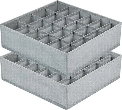 Produktbild von PolkaHome® Set von 2 faltbaren Aufbewahrungsboxen mit 24 Fächern für Socken, Unterwäsche und BHs – Grau