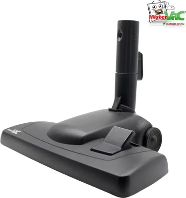 A black vacuum cleaner attachment on a white background, with a logo in the upper right corner.