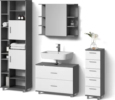 Produktbild von Badmöbel-Set Livinity Eisak Weiß/Anthrazit 4 Teile, mit Hochschrank, Model 52593