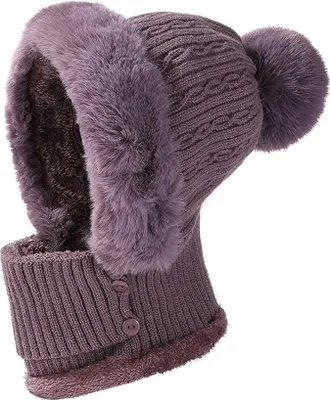 Produktbild von Strickmützen Winter für Damen Warme Kapuzen Schal Plüsch Hoodie Mütze Kapuzenschal Wintermütze für Frauen Outdoor
