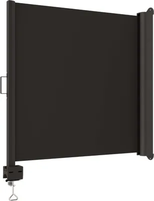 A dark grey retractable balcony awning is shown against a white background. The awning is extended and features a clamp mechanism at the bottom left for attachment.