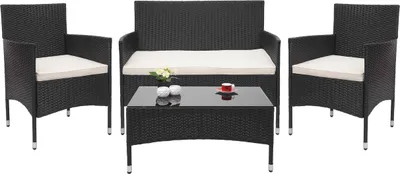Produktbild von Poly-Rattan Garnitur HWC-F55, Balkon-/Garten-/Lounge-Set Sofa Sitzgruppe schwarz, Kissen creme