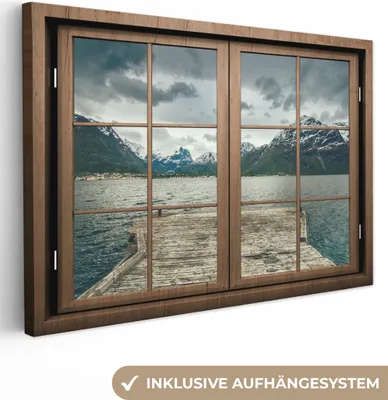 Produktbild von OneMillionCanvasses® - Leinwandbilder - 140x90 cm, Aussicht - Wasser - Berge, Wandbilder Kunstdruck Wanddekoration