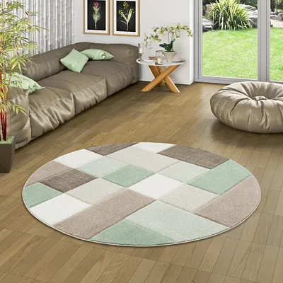Produktbild von Designer Teppich Maui Pastell Grün Beige Karo Rund, Größe:160 cm Rund