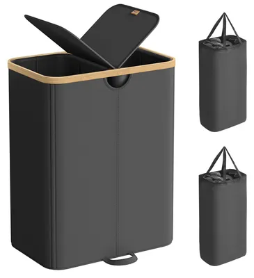 Produktbild von SONGMICS Wäschekorb 2 Fächer, Wäschesammler, 150 Liter, mit Deckel – Tintenschwarz + Naturbeige