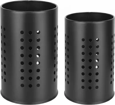 Image de Deux supports en acier inoxydable noir pour ustensiles de cuisine, avec un panier à couverts rond pour le plan de travail