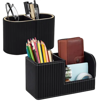 Schreibtisch-Organizer 2er-Set, PU-Leder, Stiftehalter, schwarz