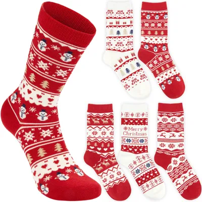 Produktbild von BRUBAKER 5 Paar Weihnachtssocken Damen 36-41 – Rentier & Schneemann – Norweger Baumwollsocken Rot Weiß