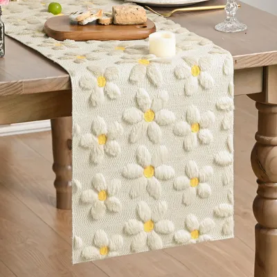 Produktbild von Beiger Plüsch Samt Faux Pelz Gänseblümchen Tischläufer für Frühling und Sommer, 33x153 cm