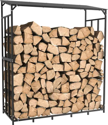 A metal firewood rack filled with chopped wood, shown outdoors.