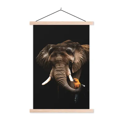 Produktbild von MuchoWow® Textilposter Elefant - Schwarz - Papagei 120x180 cm mit holzfarbenen Rahmen - Textil-Plakat